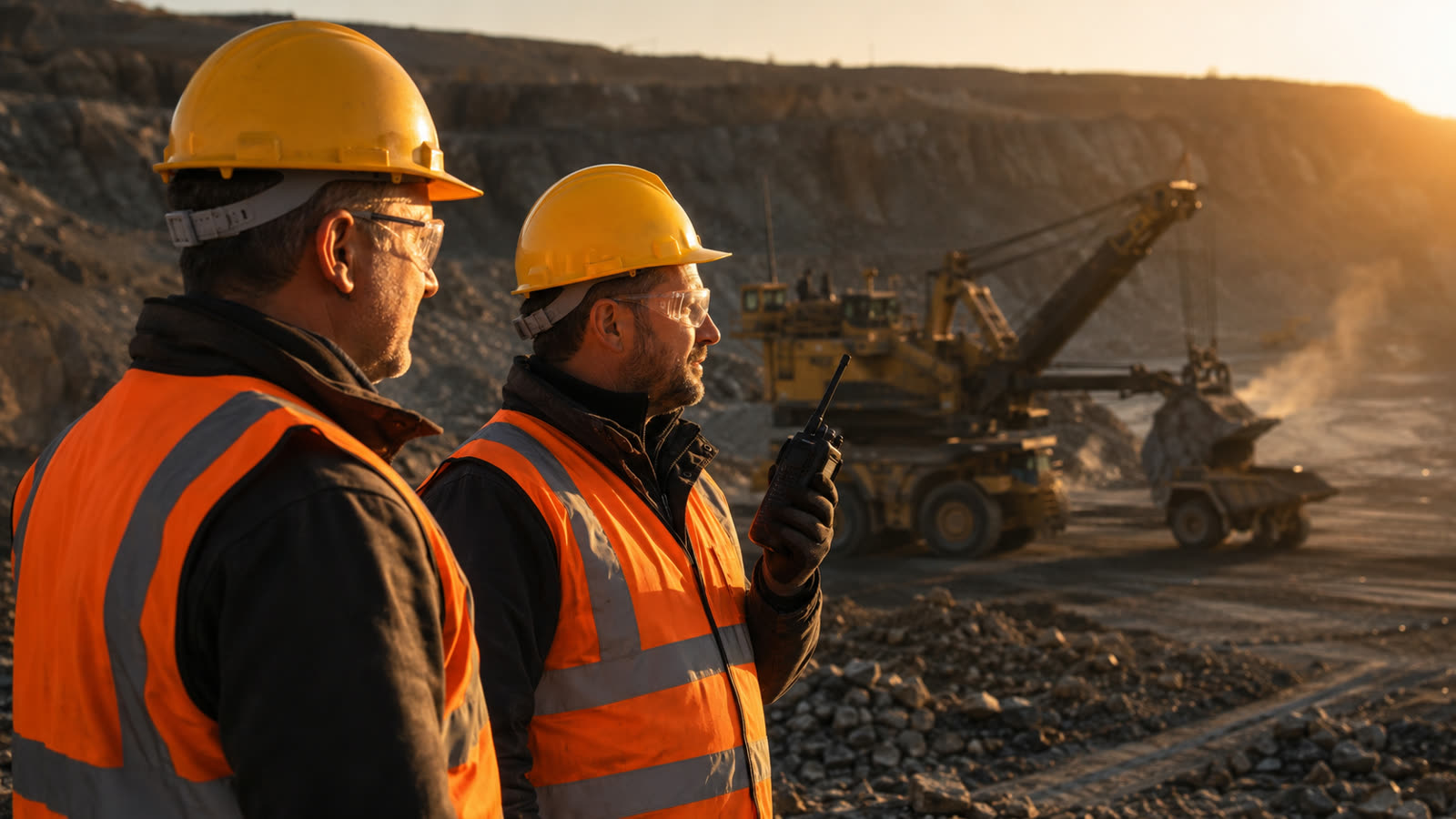 Trabajadores de minería con casco y chaleco comunicándose por radio